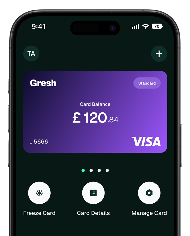 Gresh app showing a virtual card and wallet balance