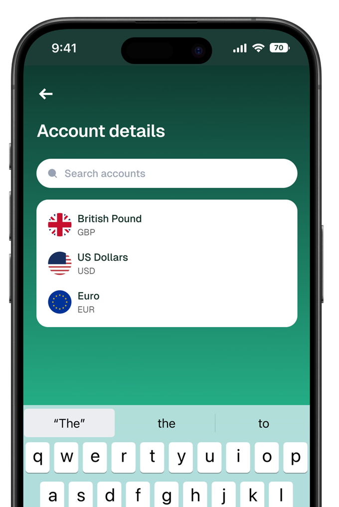 Multi-currency account details screen