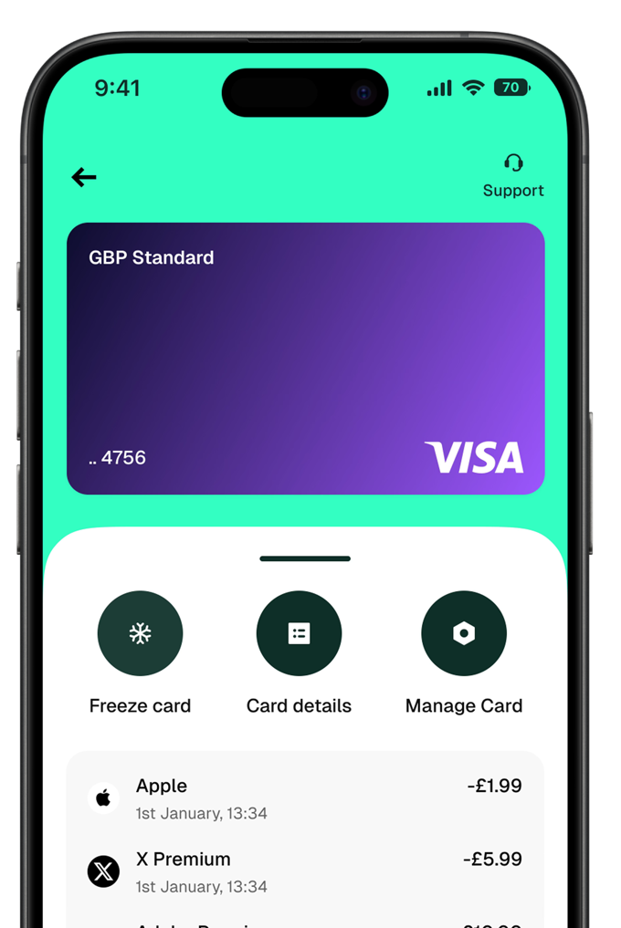 Virtual card management screen